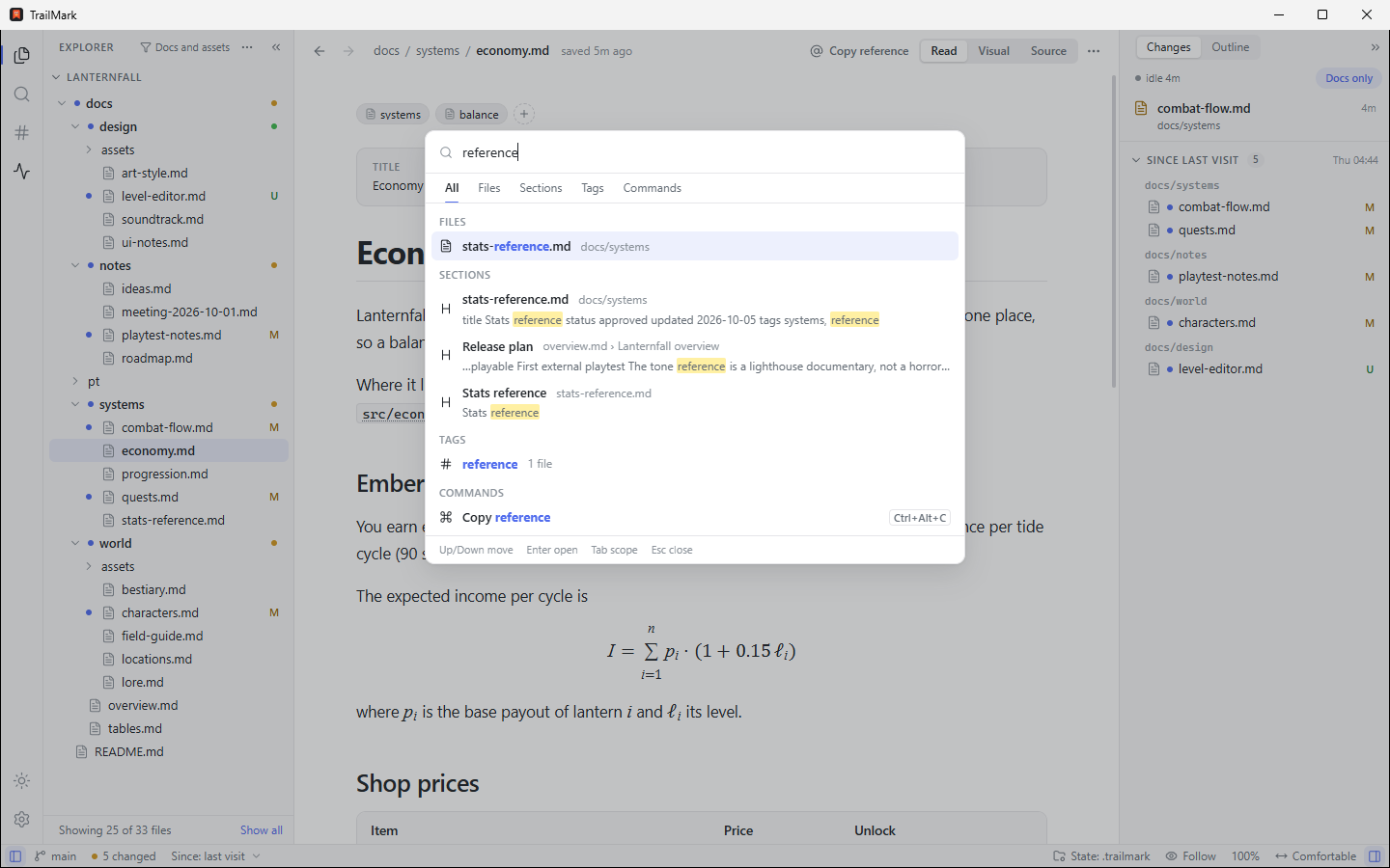 Search everywhere with the query reference: a file, three sections with highlighted snippets, a tag and the Copy reference command with its shortcut, each in its own group