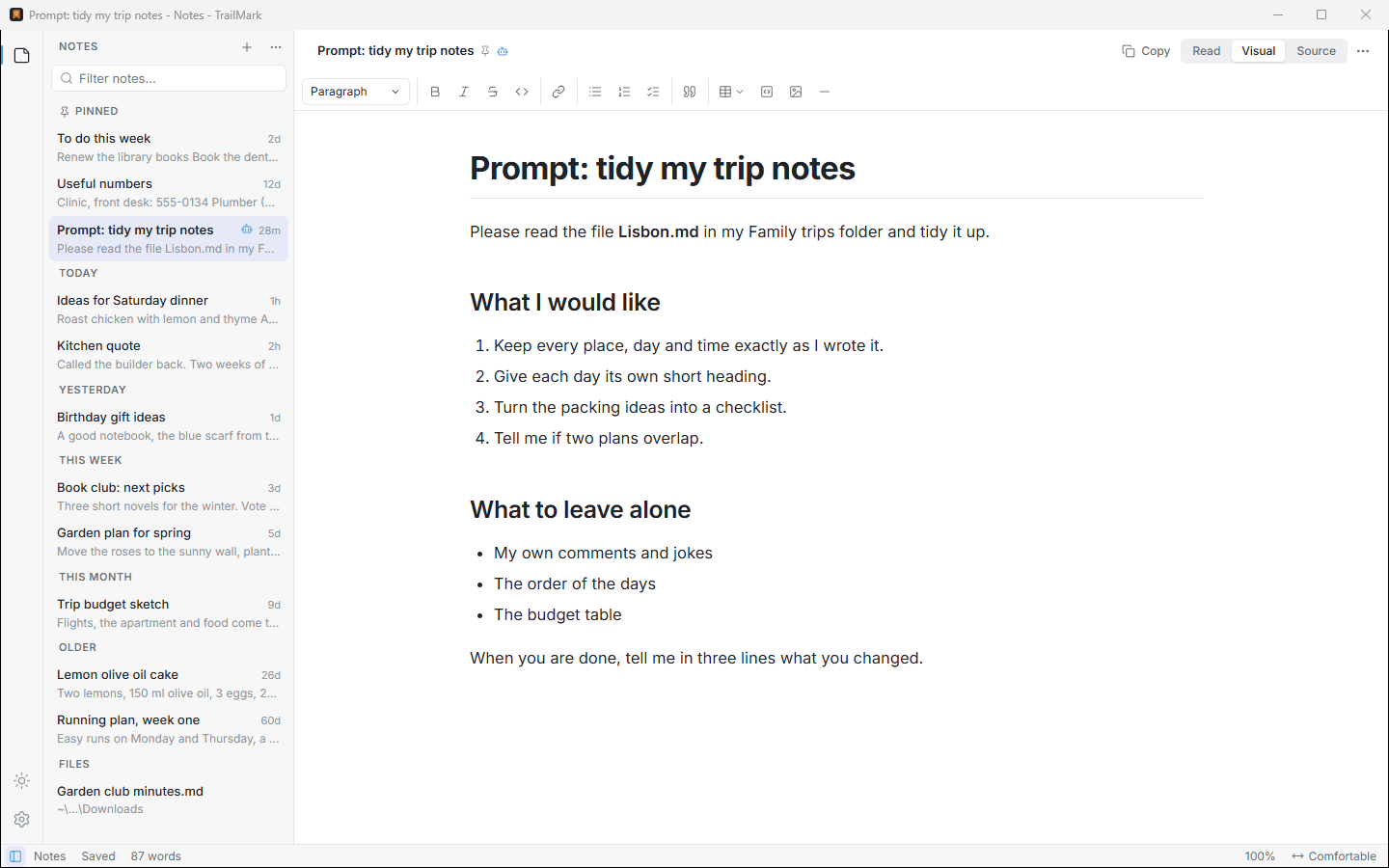 The Notes window: pinned notes (a to-do list, useful numbers and a prompt drafted for an AI agent, shared with agents) above notes grouped by date and a loose file under Files, with the prompt open in Edit