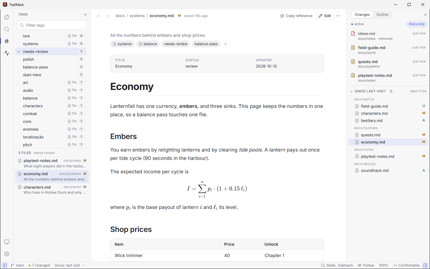The Tags view: every tag with its file count, the needs-review tag selected, and the three files that carry it, each with its description and git badge, next to an open document with its description and tag chips
