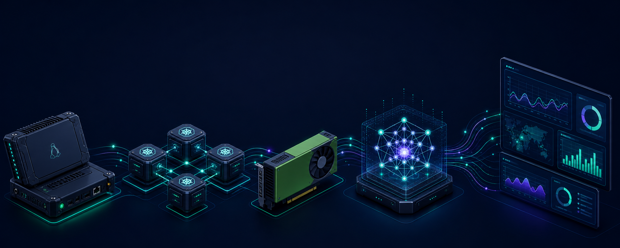 Linux edge host connected to k3s, a GPU accelerator, a local language model, and observability dashboards