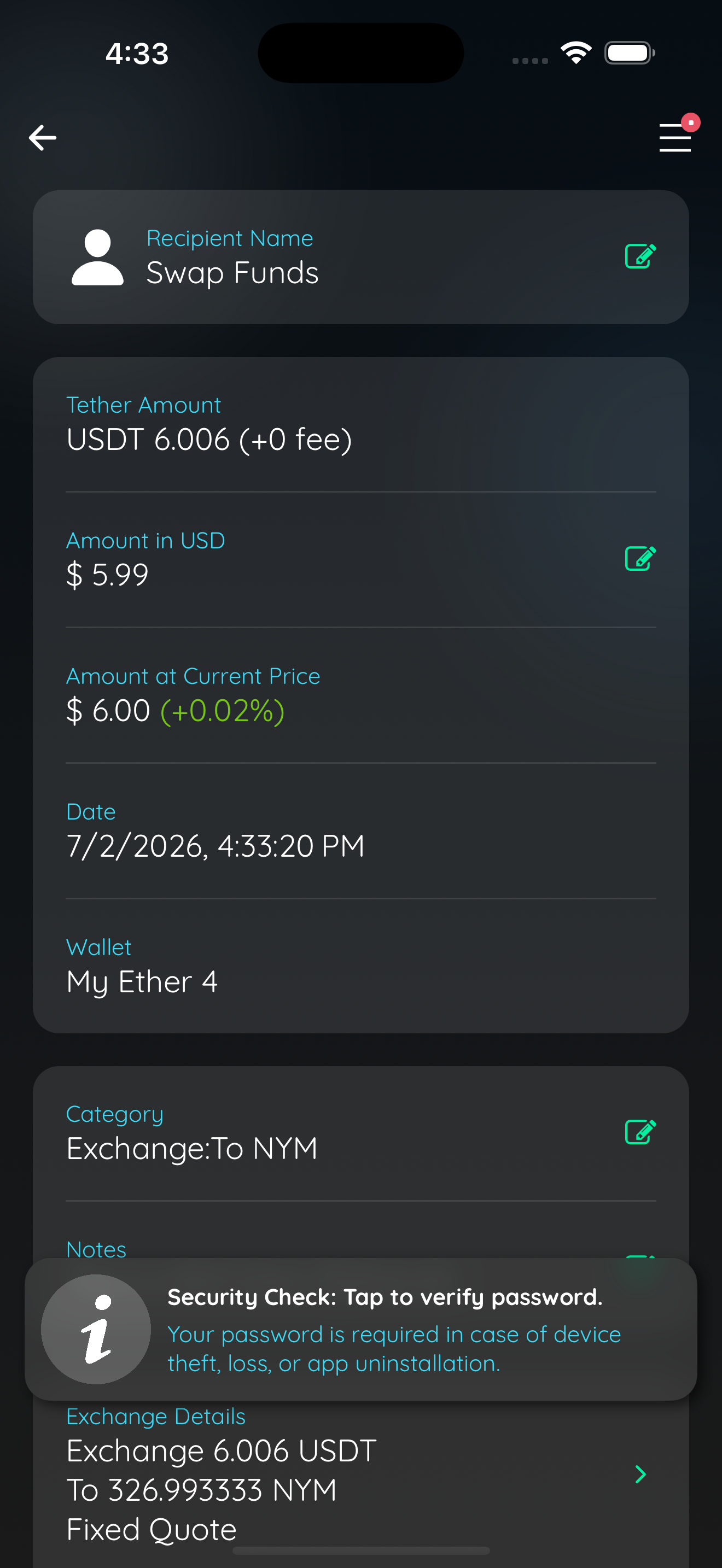 tx details to nym