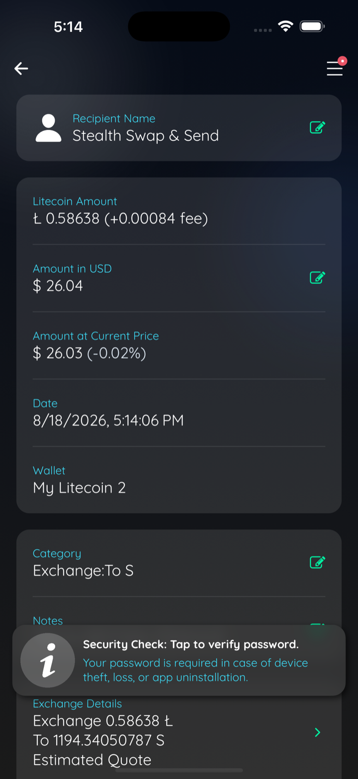 tx details stealth swap send