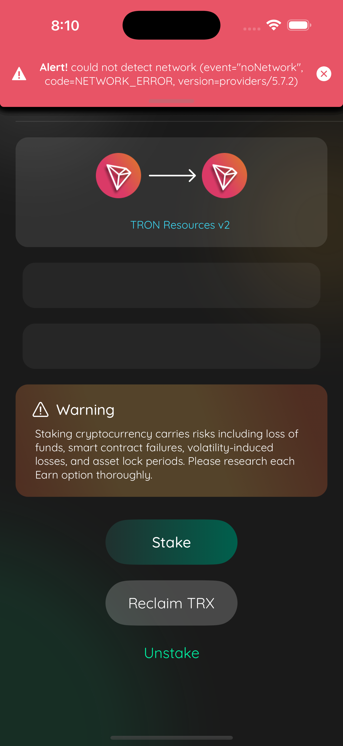 stake overview reclaim button