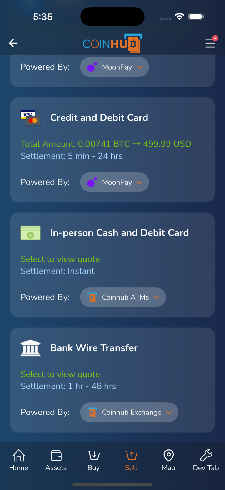 sell quotes coinhub providers