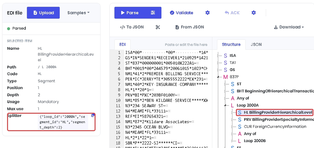 The Splitter of the HL segment in loop 2000A of an 837P, under Selected item in EdiNation