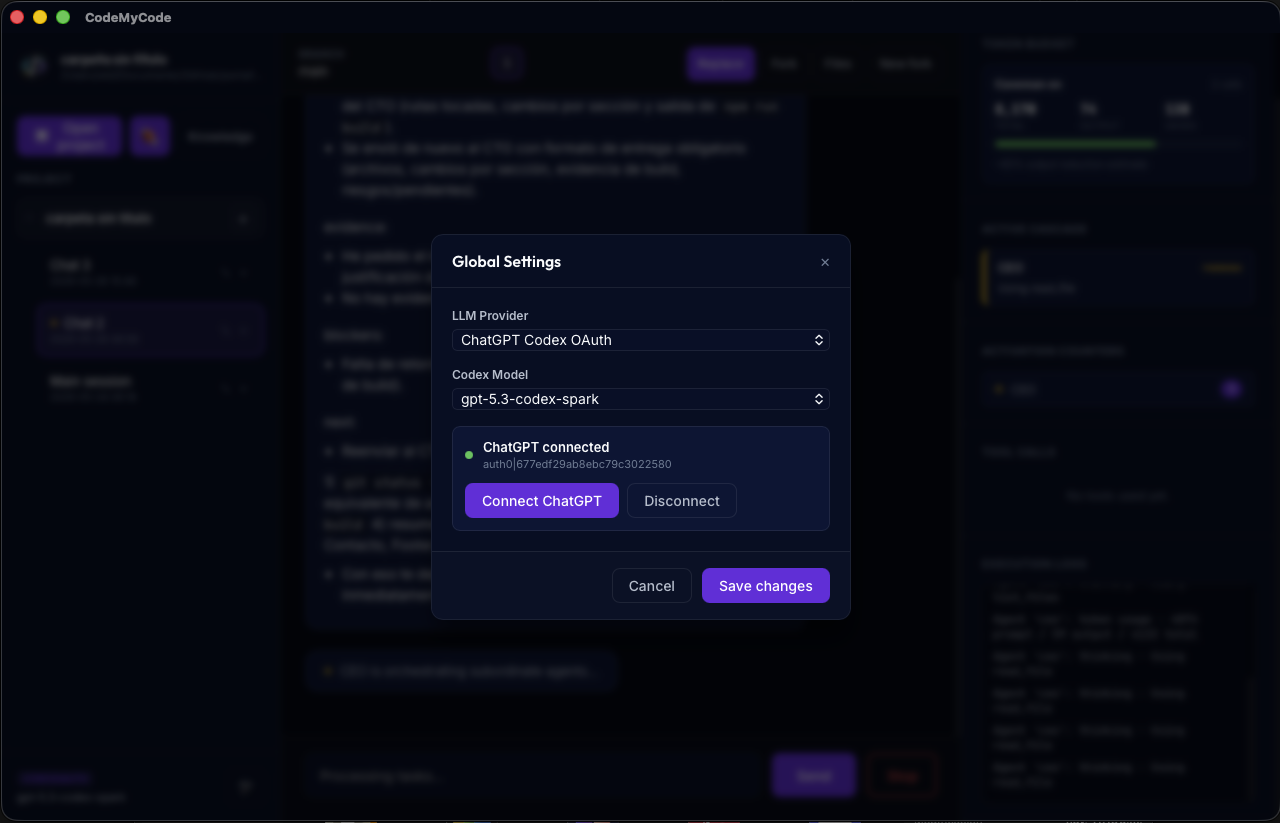 Configuración global de proveedor y modelo en CodeMyCode