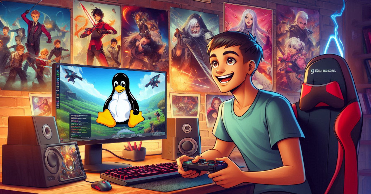 Gaming on Linux. Image created with Microsoft Designer.