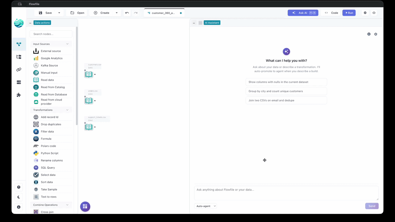 Flowfile AI Assistant in action — chat drawer on the right, canvas building itself as the agent works