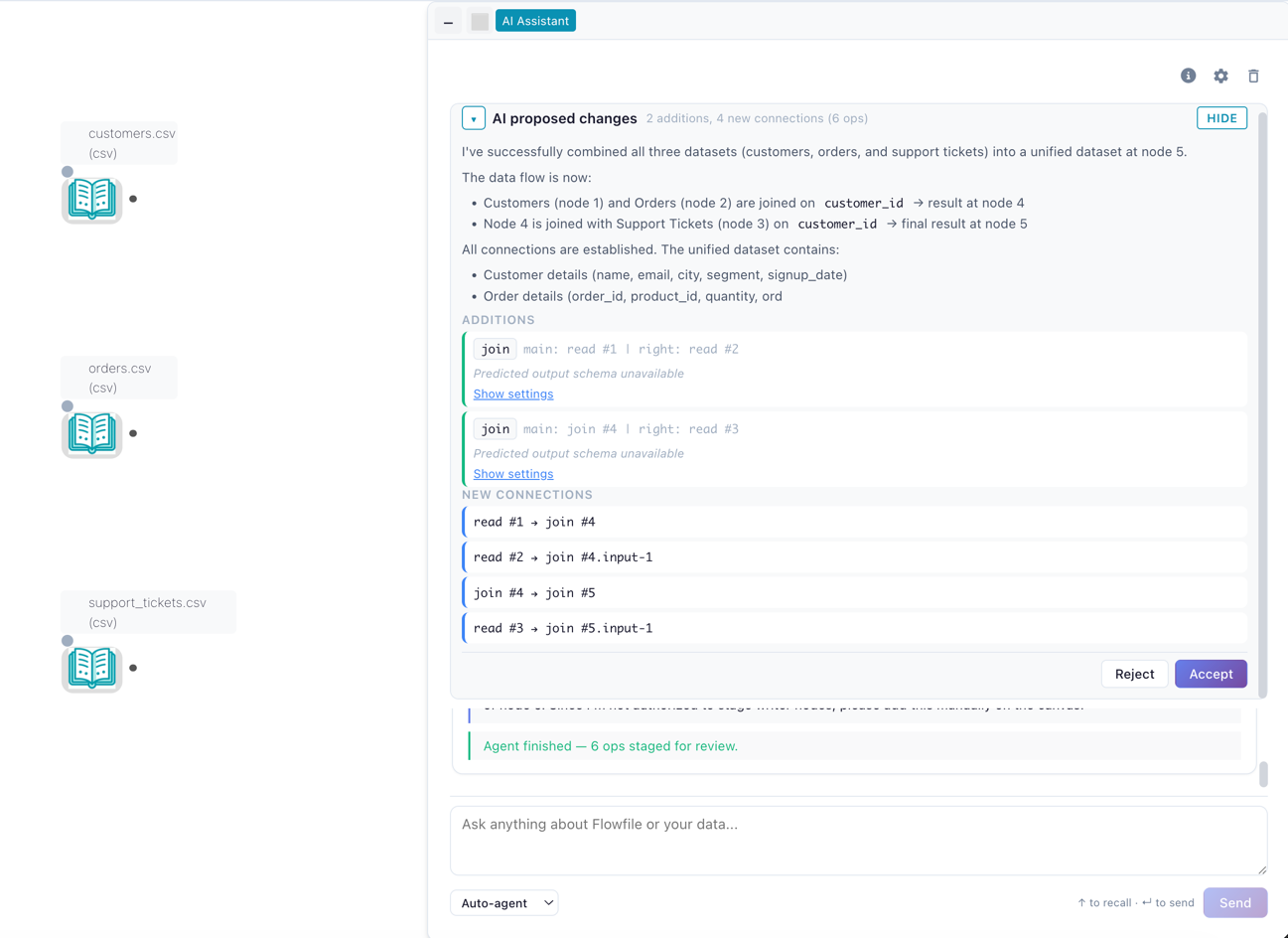 Diff preview panel beside the canvas with staged operations and Accept / Reject buttons