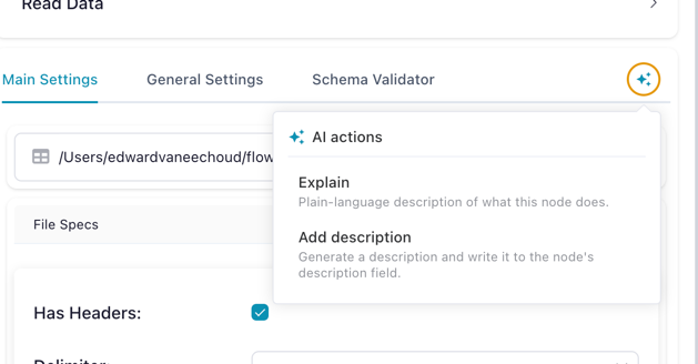 Inline sparkle actions popover — Explain, Add description, Regenerate code on a node header