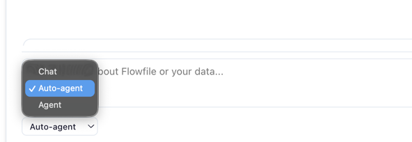 Send-mode dropdown — Chat, Auto-agent, and Agent — for picking which AI tier handles your message