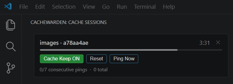 CacheWarden sidebar — a live session card with countdown, keep-alive toggle, and ping controls