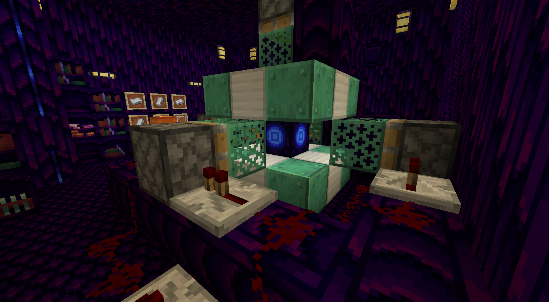 A strange redstone machine made of iron and copper, with a glowing ancient core, its purpose unknowable