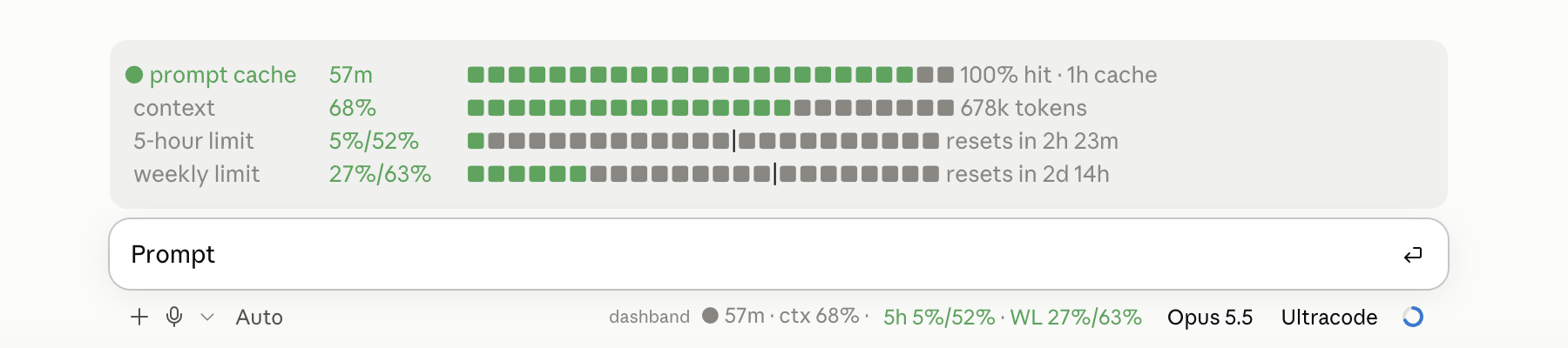 dashband in the Claude Desktop app: the band above the prompt, cache and context in the status line, the limits in the footer