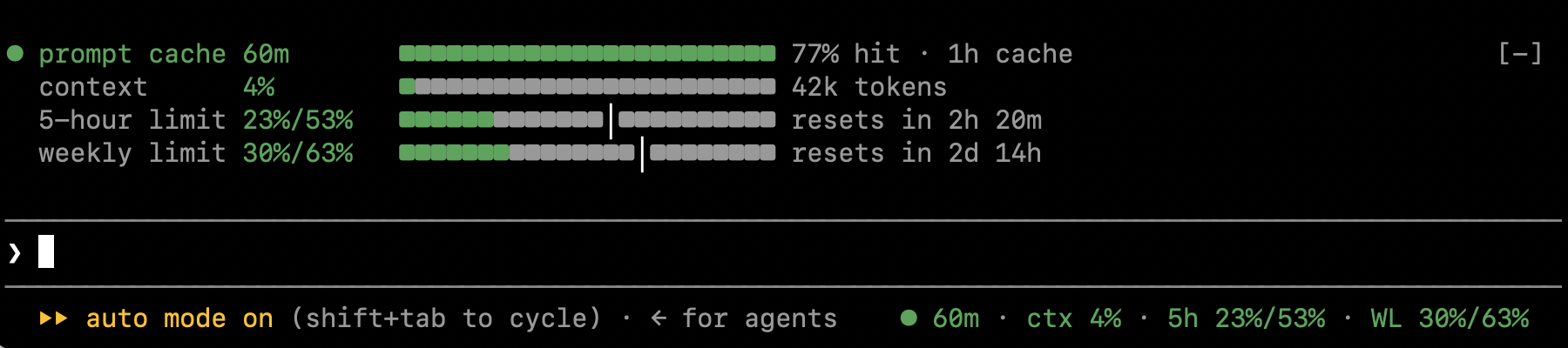 dashband in the terminal: a band with bars above the prompt and one colored item in the footer