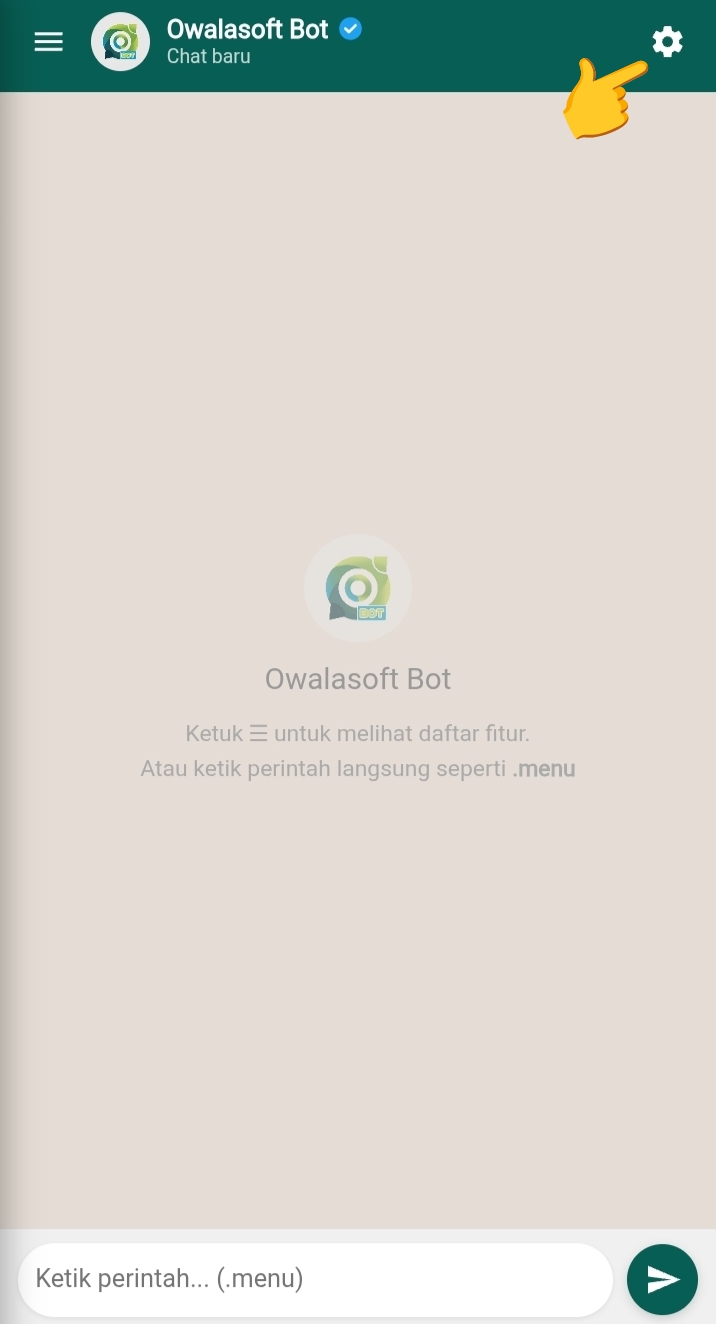 Halaman chat Owalasoft Bot — ikon pengaturan di pojok kanan atas