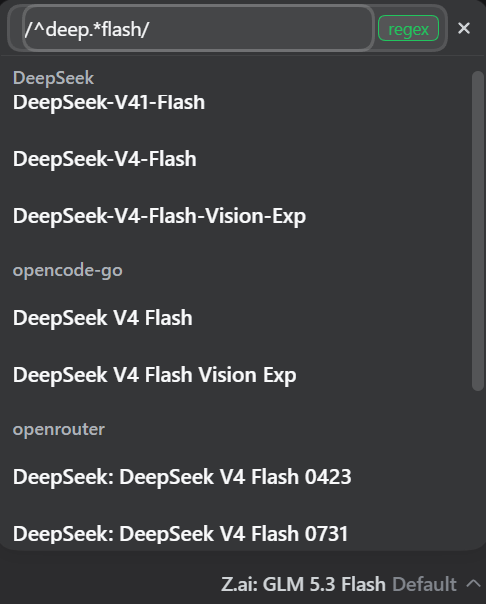 Regex filter /^deep.*flash/ with the green validity badge