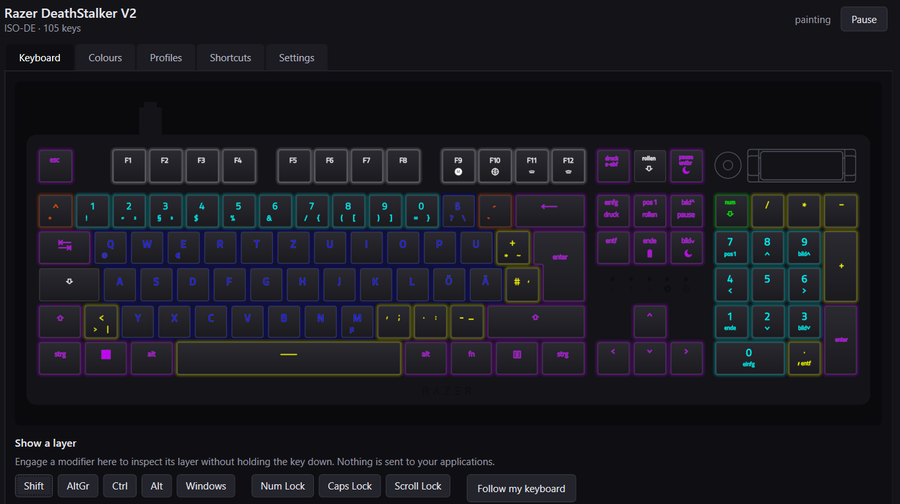 Keylegend colouring the keyboard by what each key currently means, and switching profile as the front application changes