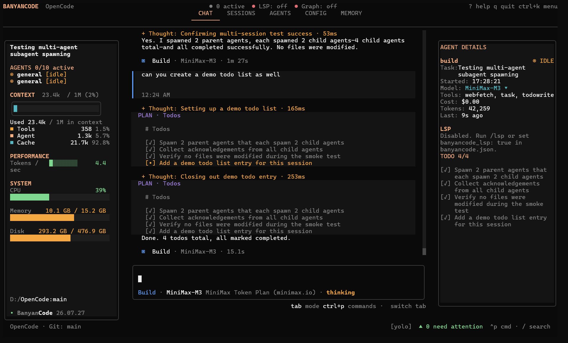 BanyanCode chat view showing an agent plan, live todo tracking, and system stats