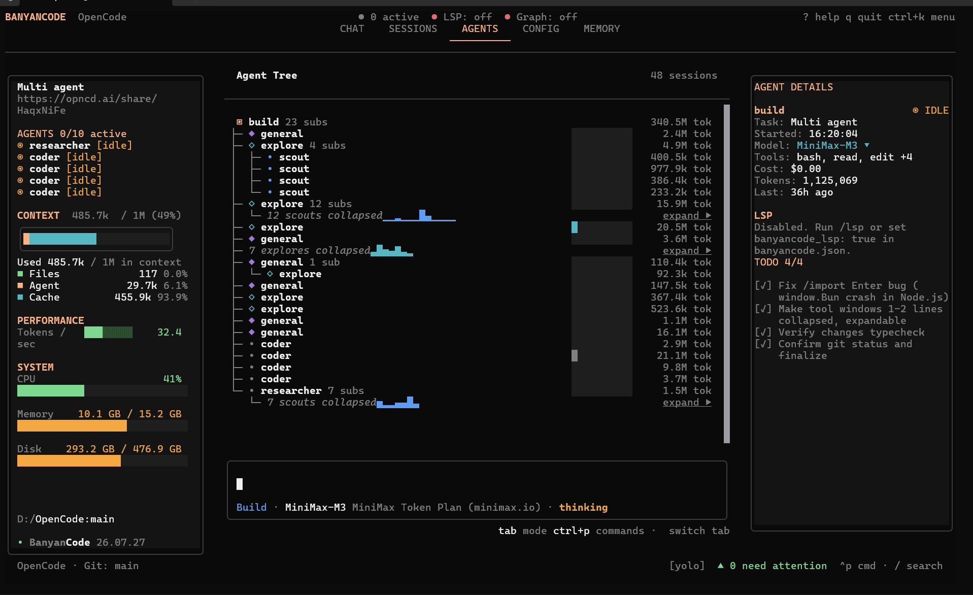 BanyanCode agent tree showing nested parent and child subagents with token usage