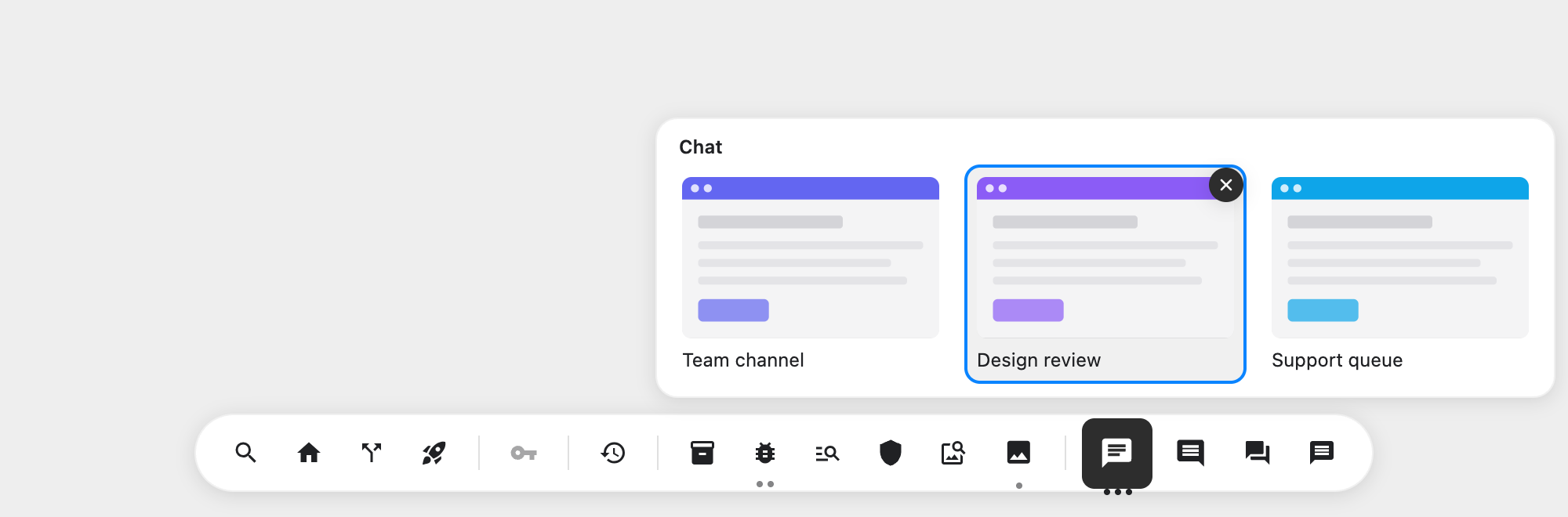 Previews panel with three window thumbnails over the Chat item