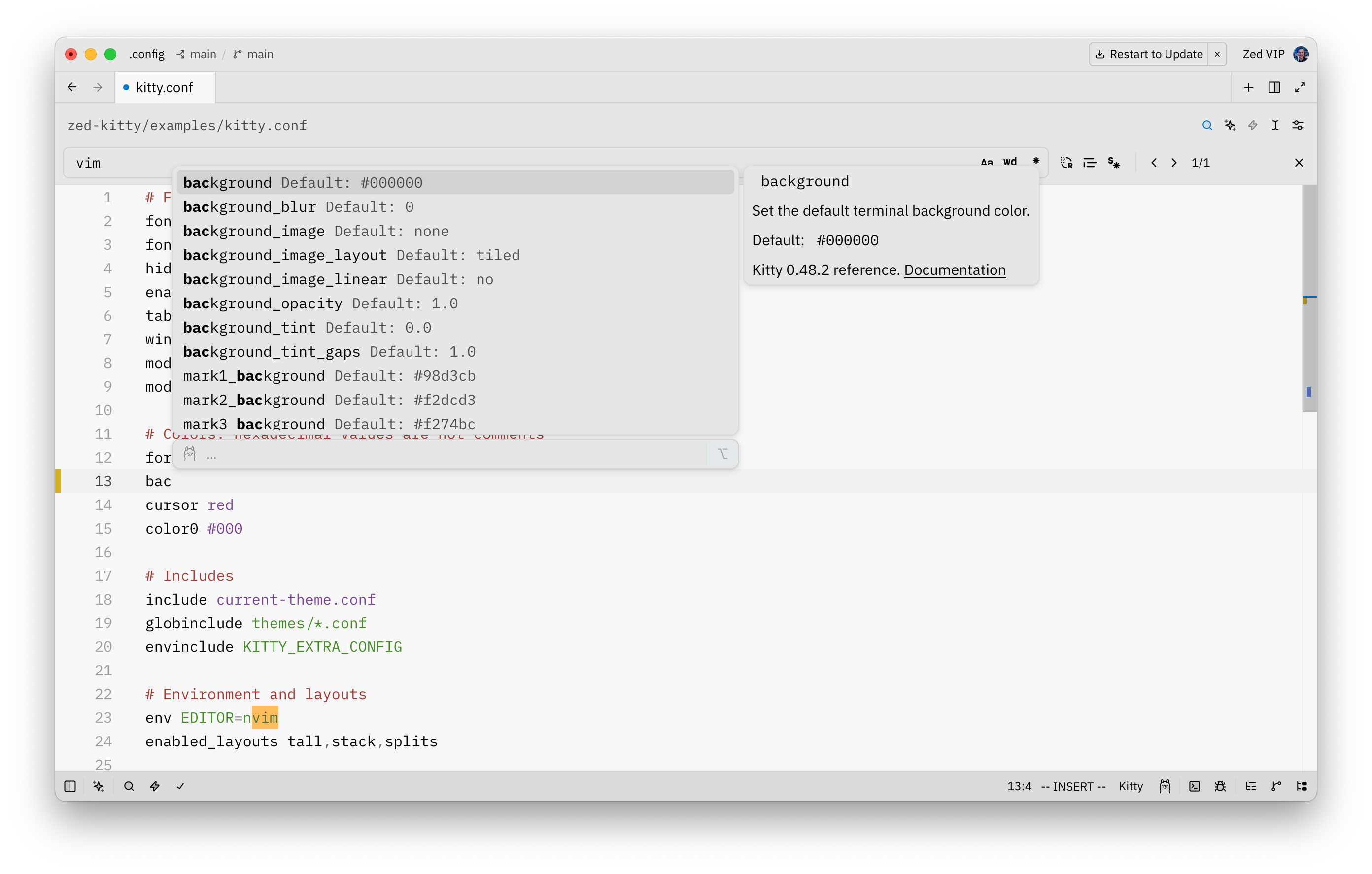 Kitty syntax highlighting and option suggestions with descriptions and defaults in Zed