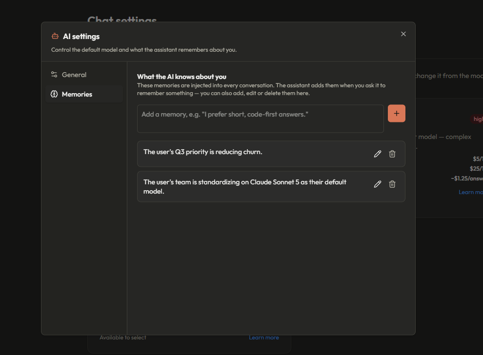 The Memories tab in AI settings