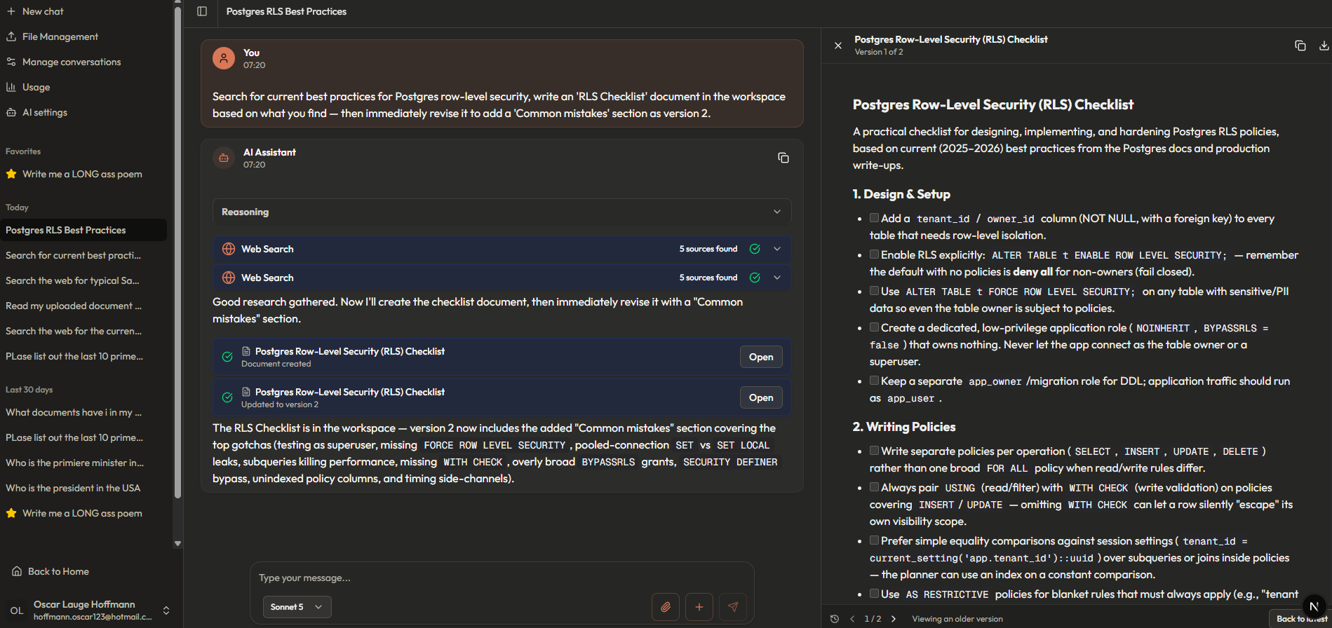 One prompt fanning out into web searches and a versioned document in the artifacts side panel