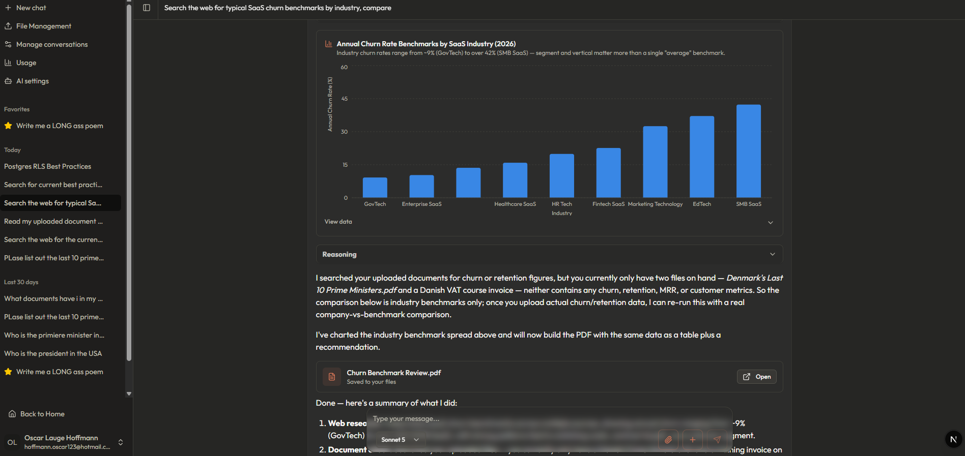 The chart tool rendering churn benchmarks after a web search, with the PDF report saved below