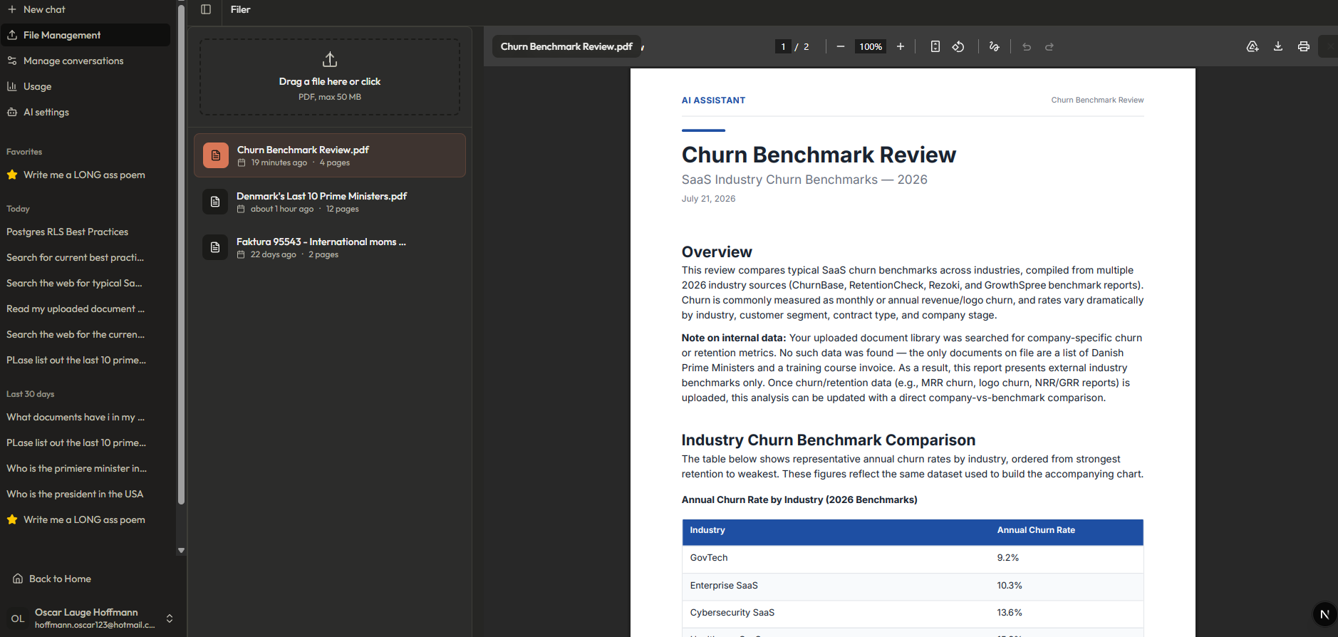 The file manager previewing an AI-generated churn benchmark report PDF