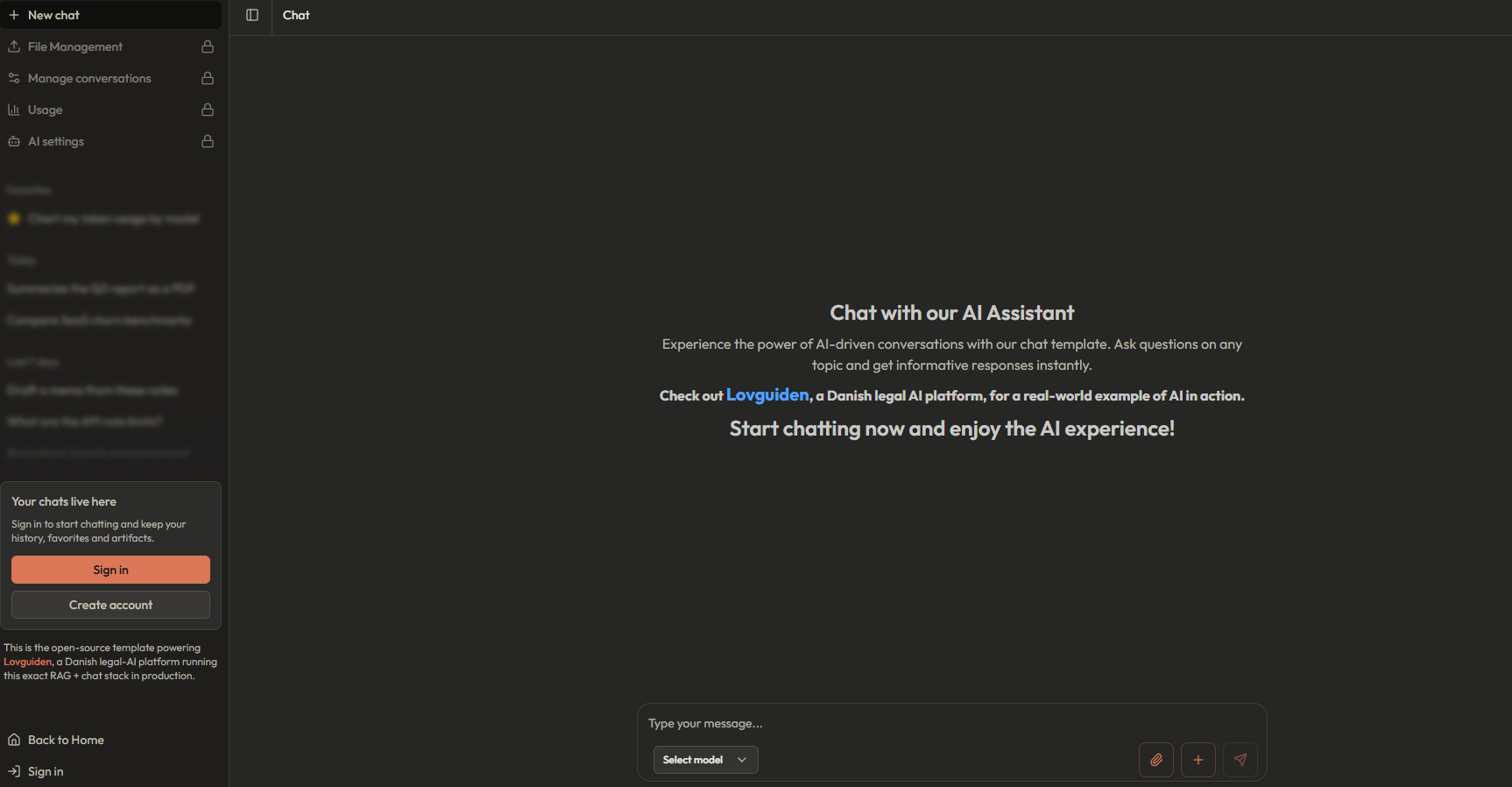 The sidebar for signed-out visitors: locked nav items, blurred example chats and sign-in CTAs