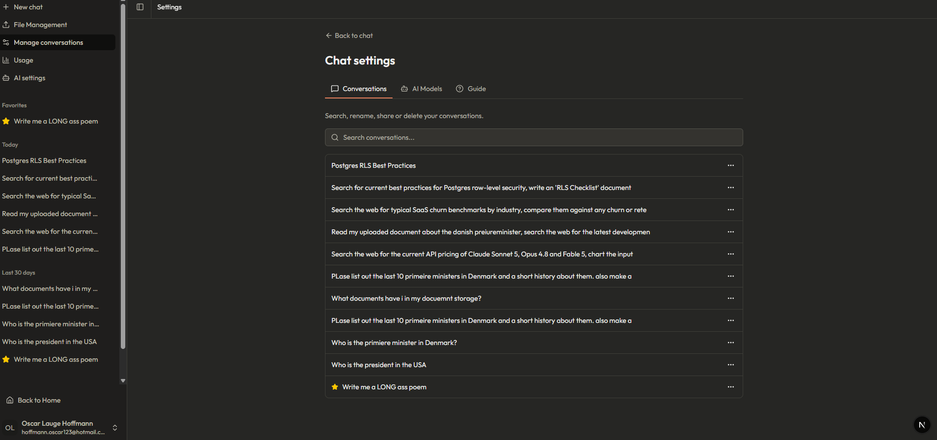 Chat settings listing all conversations