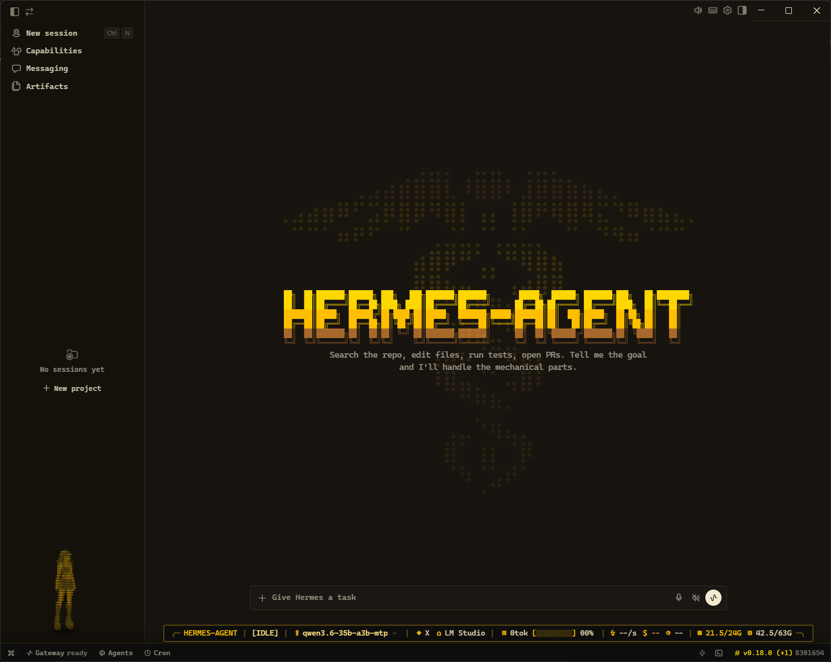 Hermes-Agent desktop running the Classic Gold theme — caduceus wordmark & backdrop, custom TelemetryTape status bar, and the Noir Neko ASCII pet