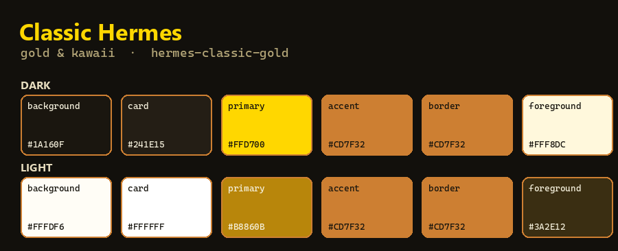 Classic Hermes gold theme — dark & light palette