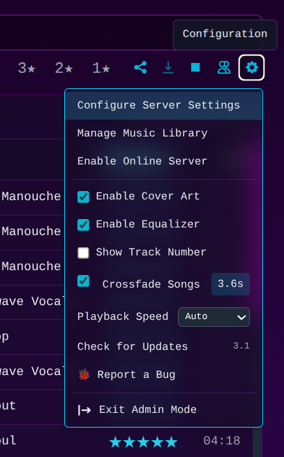 Synthwave Player administrative control panel
