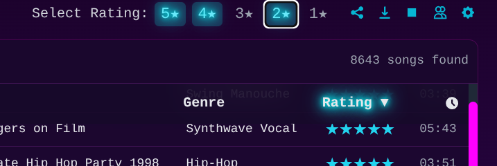 Synthwave Player view-based tracklists and star rating filters