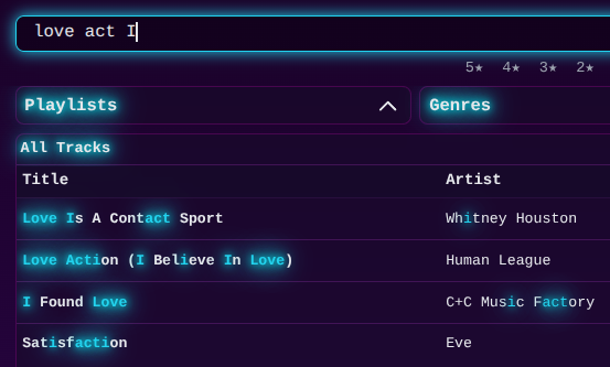 Synthwave Player intelligent fuzzy search interface