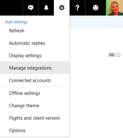 The Manage integrations menu item on https://www.outlook.com