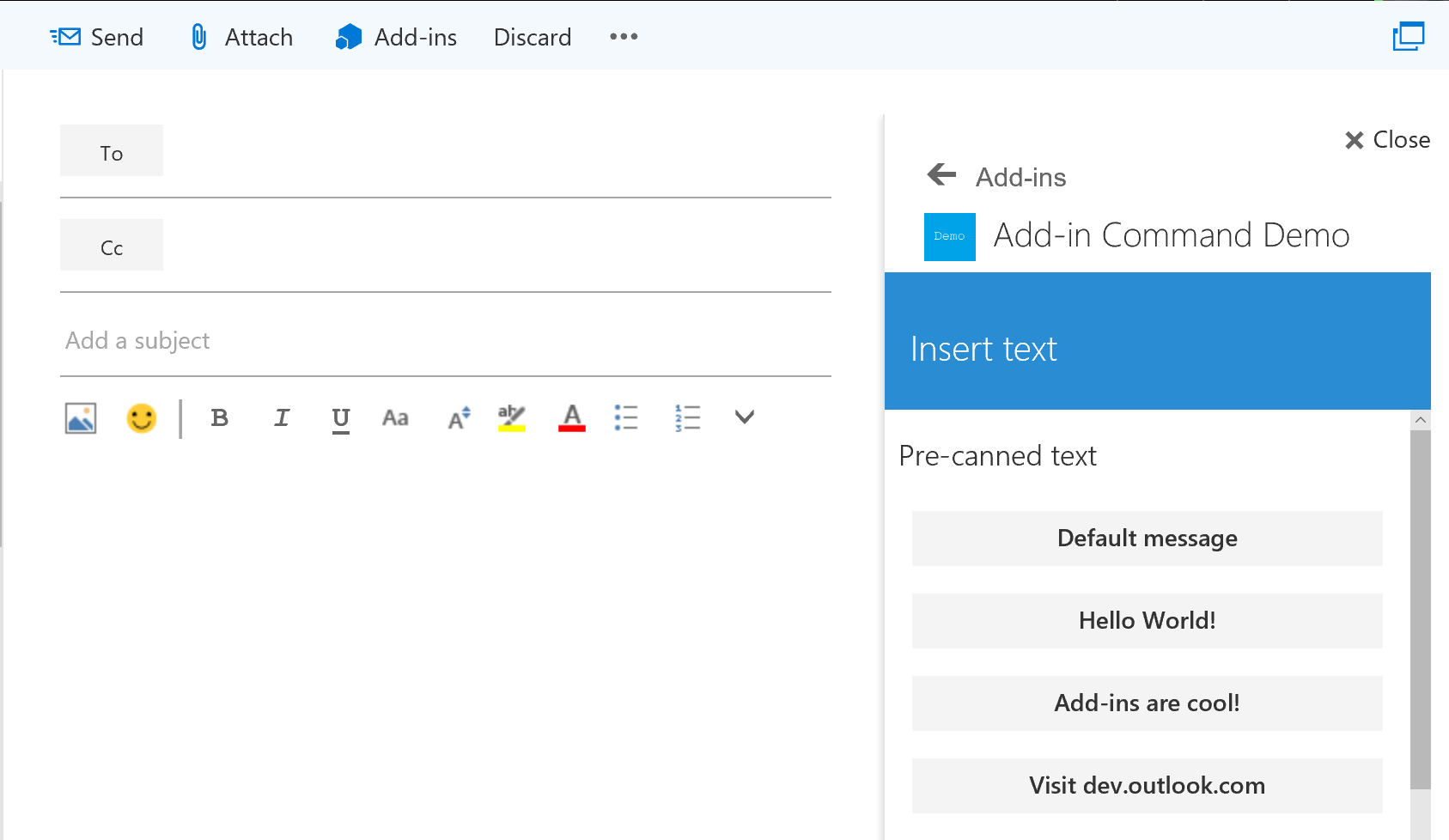 The add-in loaded in Outlook on the web's compose mail form