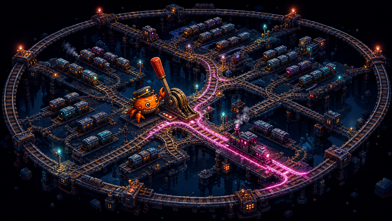 A glowing test train routed through the affected path in a Rust dependency rail yard