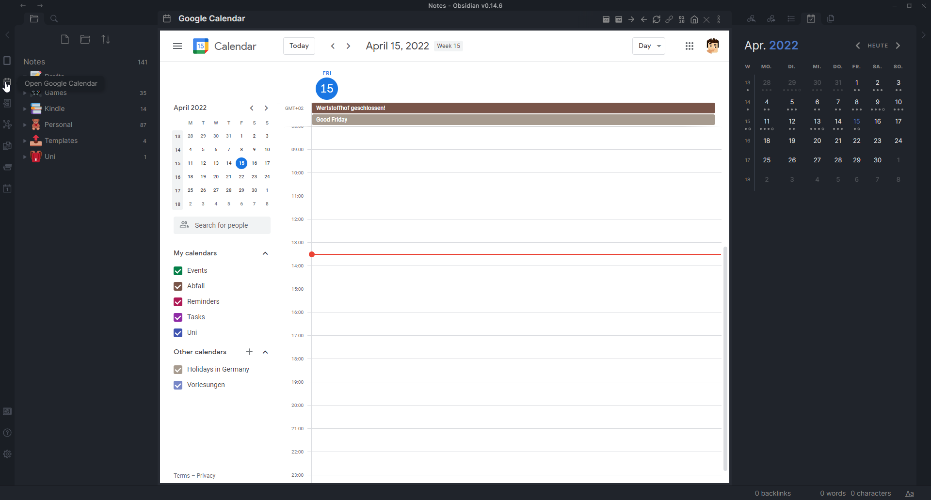 A screenshot of the plugin in action, where you can see Google Calendar opened in the center, and the mouse hovering over the corresponding ribbon button