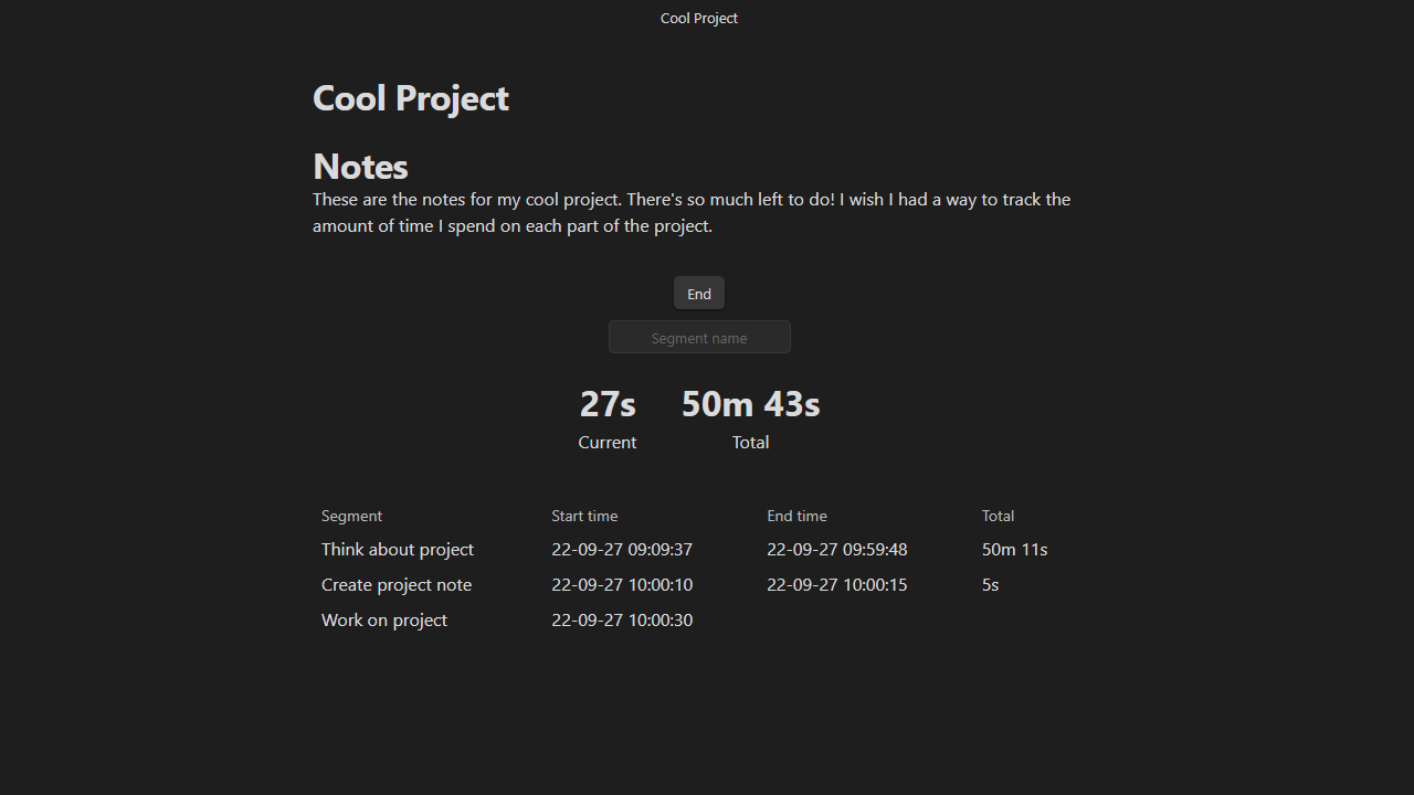A screenshot of the plugin in action, where you can see an active time tracker for a project