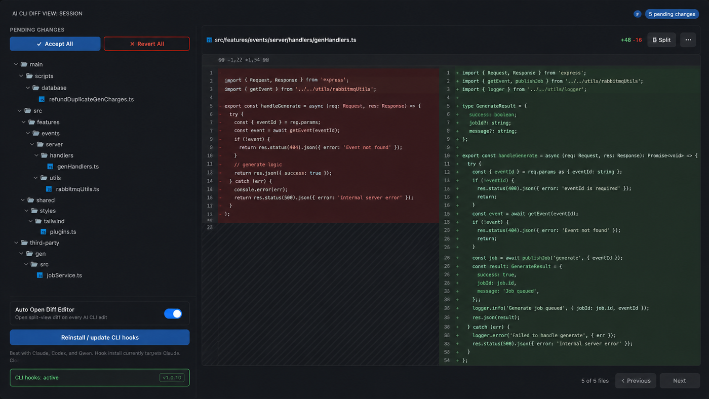 AI Diff Viewer — Session panel with pending changes and split-view diff editor