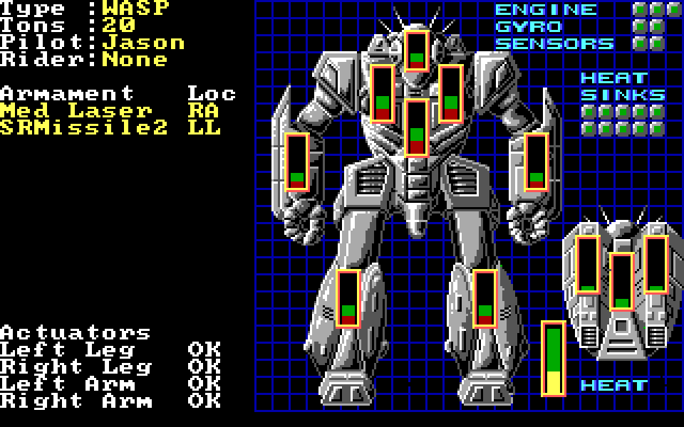 The reconstructed game displaying a Wasp BattleMech status screen