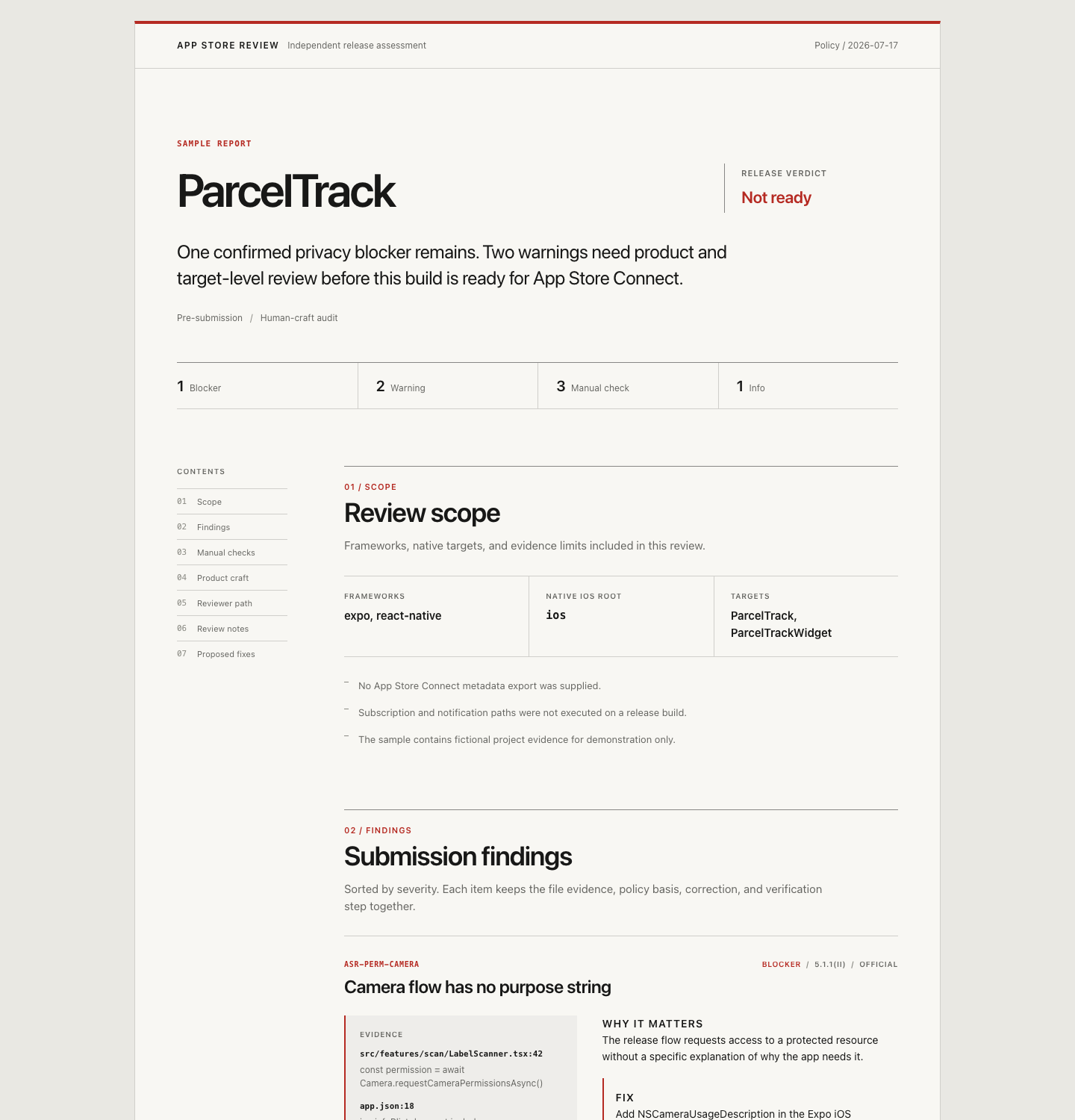 Sample ParcelTrack App Store review report showing the release verdict, evidence counts, review scope, and first confirmed blocker