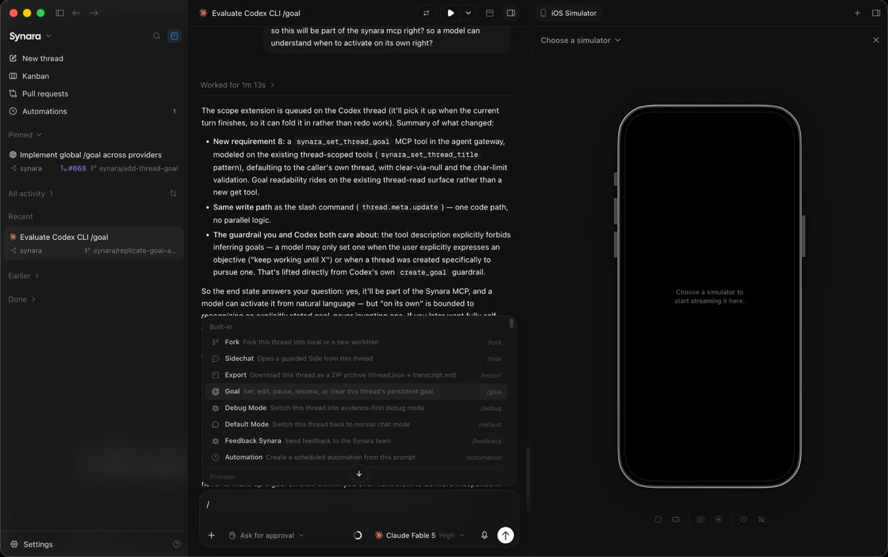 Synara split view with an agent thread and iOS simulator preview