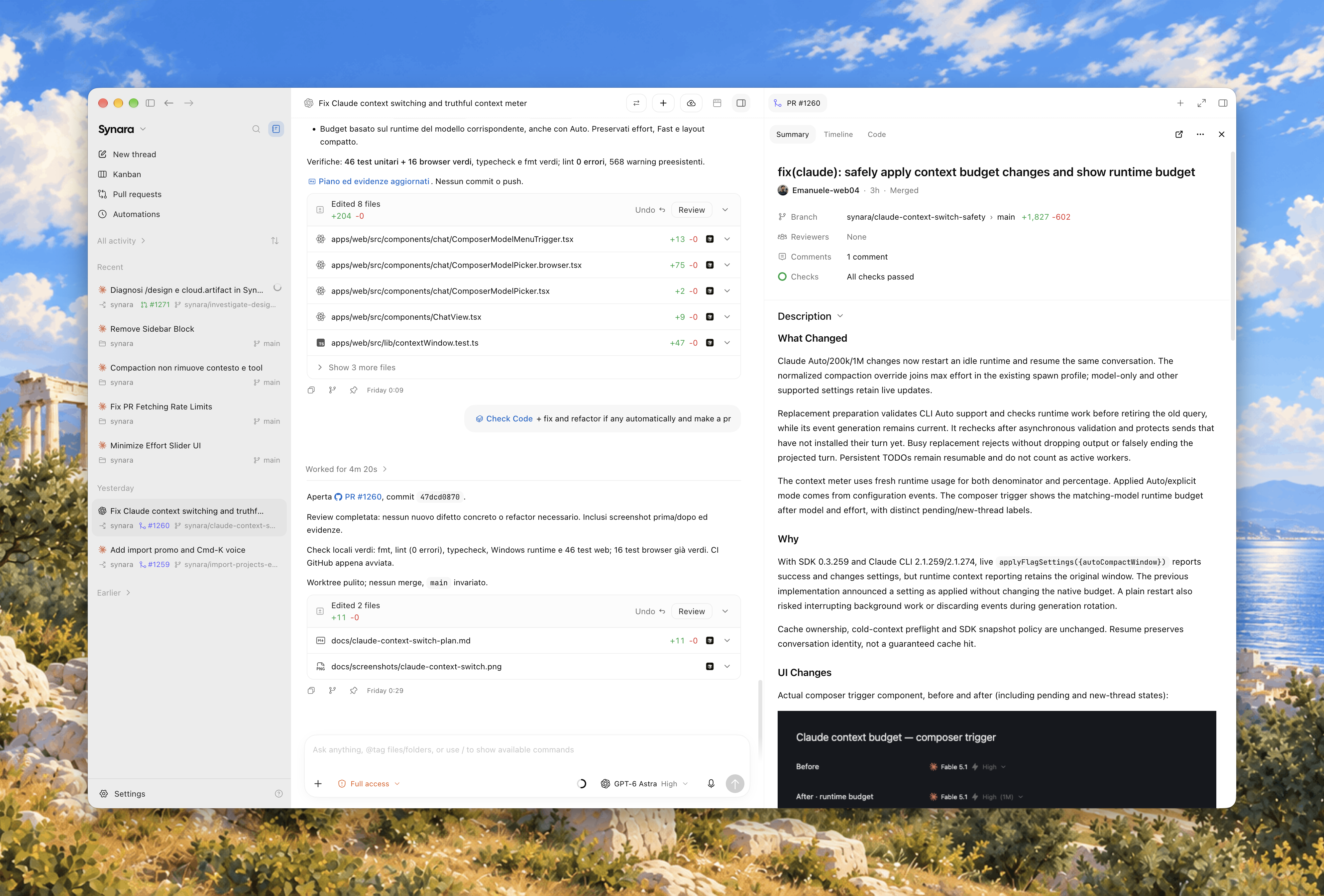 Synara workspace with an agent conversation and pull request review side by side
