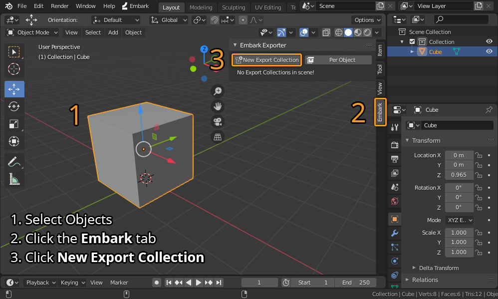 Screenshot showing how to create an Export Collection from selected objects