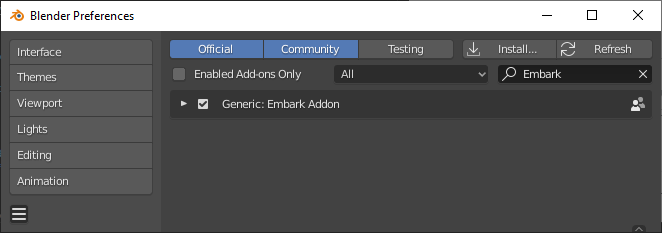 Screenshot showing Embark Addon with active checkbox