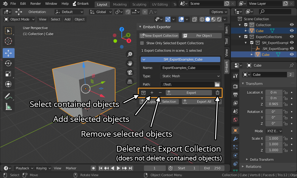 Screenshot showing Export Collection buttons in the Embark panel